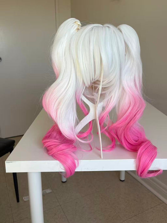 Anime Cosplay Long Wavy Wig with Ponytail – White to Pink Gradient, High-Temperature Fiber, Detachable/Matching Ponytail