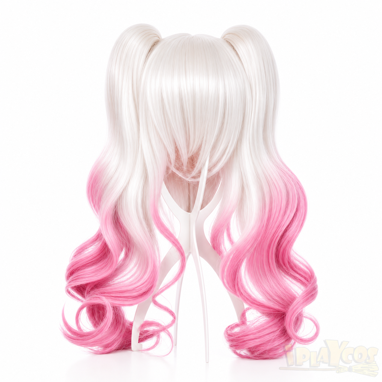 Anime Cosplay Long Wavy Wig with Ponytail – White to Pink Gradient, High-Temperature Fiber, Detachable/Matching Ponytail
