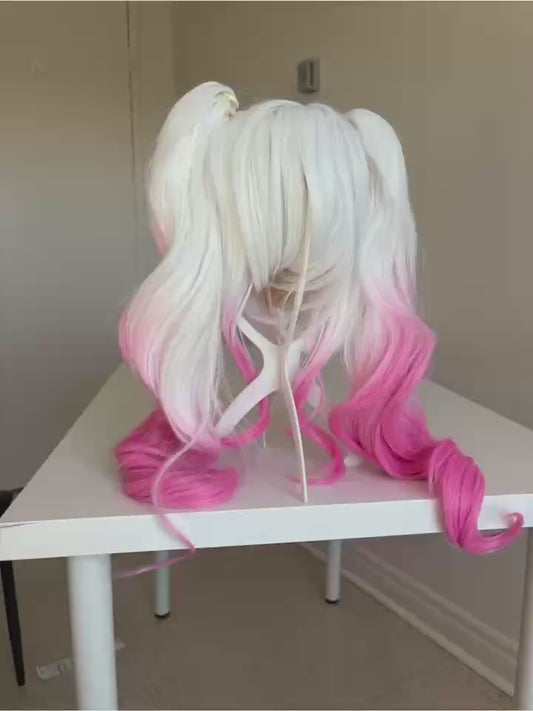 Anime Cosplay Long Wavy Wig with Ponytail – White to Pink Gradient, High-Temperature Fiber, Detachable/Matching Ponytail
